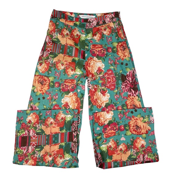 Vintage Wide Leg Flare Floral Patch Print Boho Hippie Pants - Picture 11 of 12